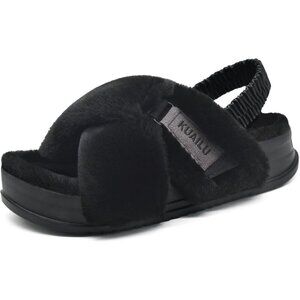 Women's Fleece Fuzzy Fur Criss Cross Open Band Cozy Slippers Black Shoes